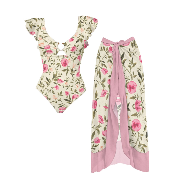 Floral Ruffle One-piece Swimsuit with Matching Wrap Skirt