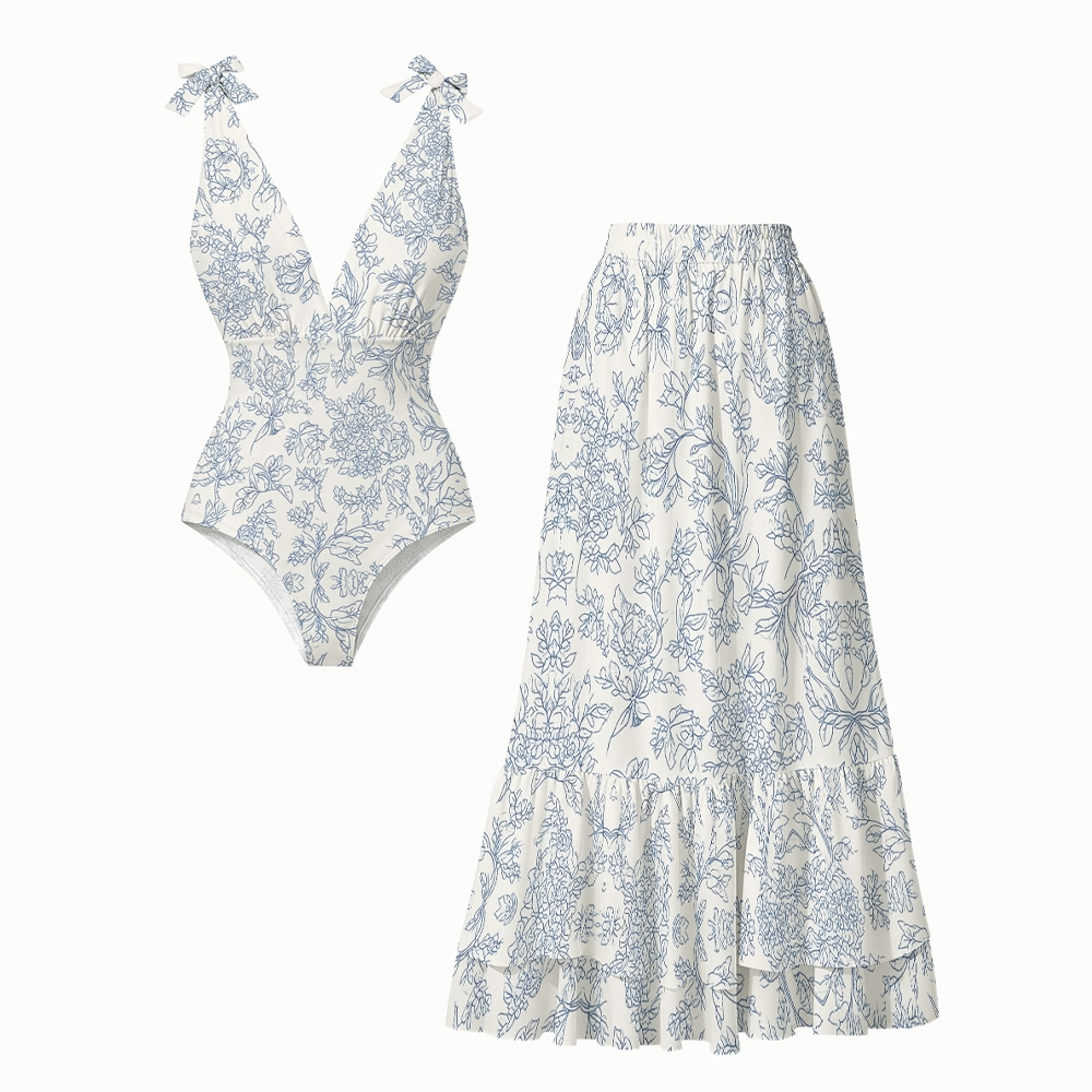 Coastal Blue and White Floral One-Piece Set