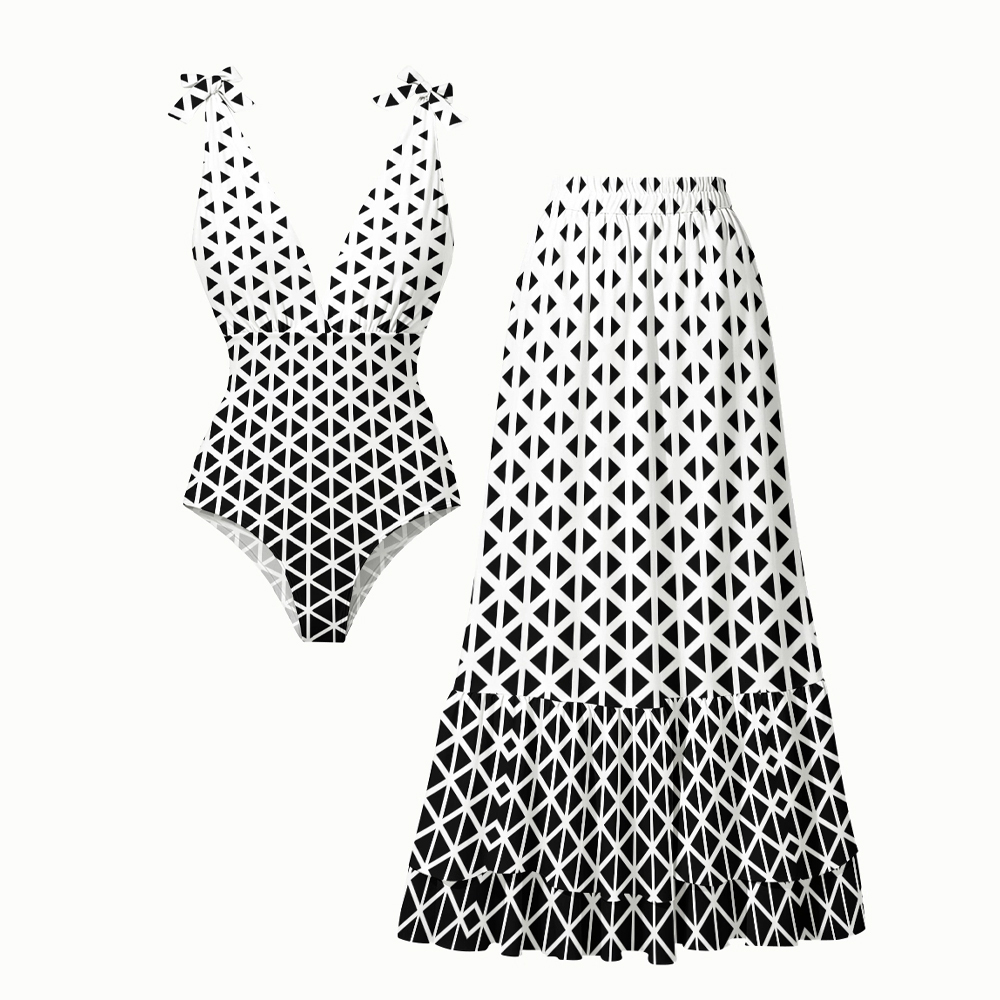 Geometric Triangle One-Piece Swimsuit with Matching Maxi Skirt