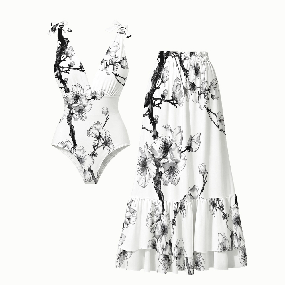 Oriental Ink Blossom One-Piece Swimsuit with Tiered Maxi Skirt