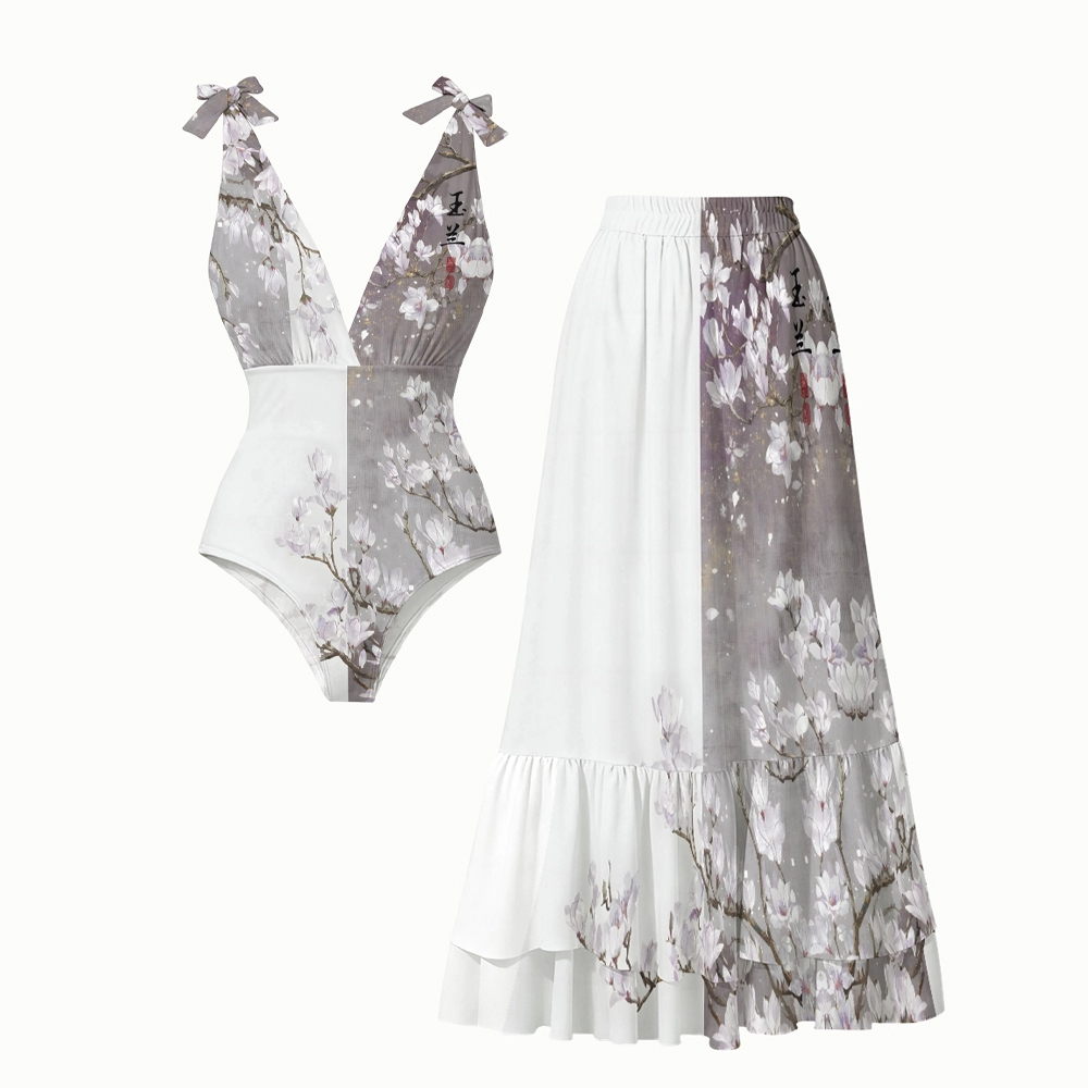 Oriental Magnolia Ink Wash One-Piece Swimsuit with Tiered Calligraphy Skirt