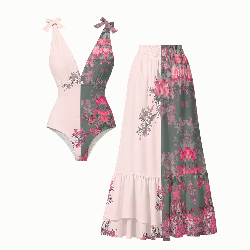 Oriental Blossom One-Piece Swimsuit with Tiered Maxi Skirt