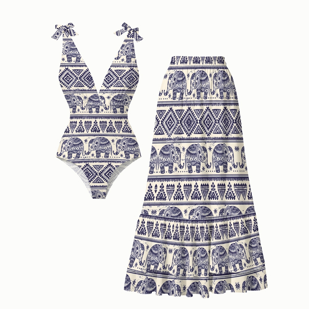 Boho Ethnic Elephant Print One-Piece Swimsuit with Matching Maxi Skirt