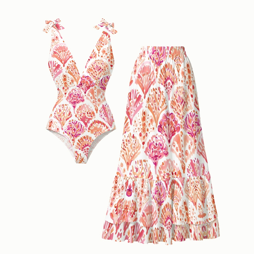 Tropical Coral Bloom One-Piece Swimsuit with Tiered Maxi Skirt