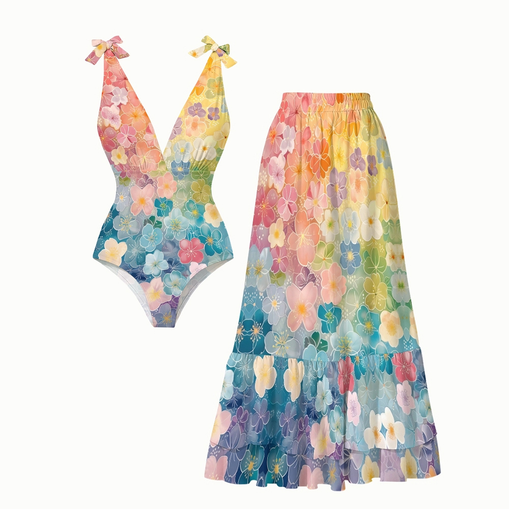 Gradient Watercolor Floral One-Piece Set
