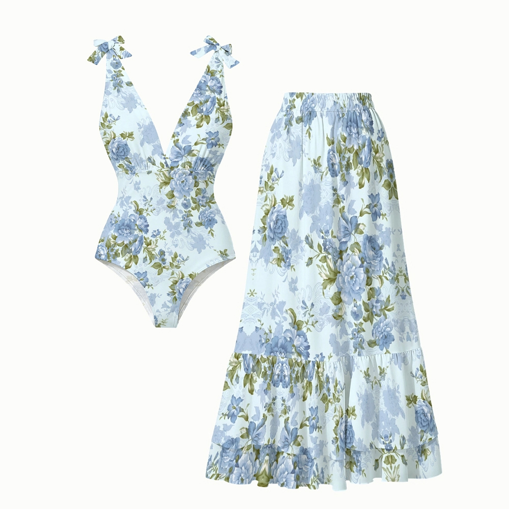 Soft Floral Print One-Piece Swimsuit with Matching Tiered Maxi Skirt