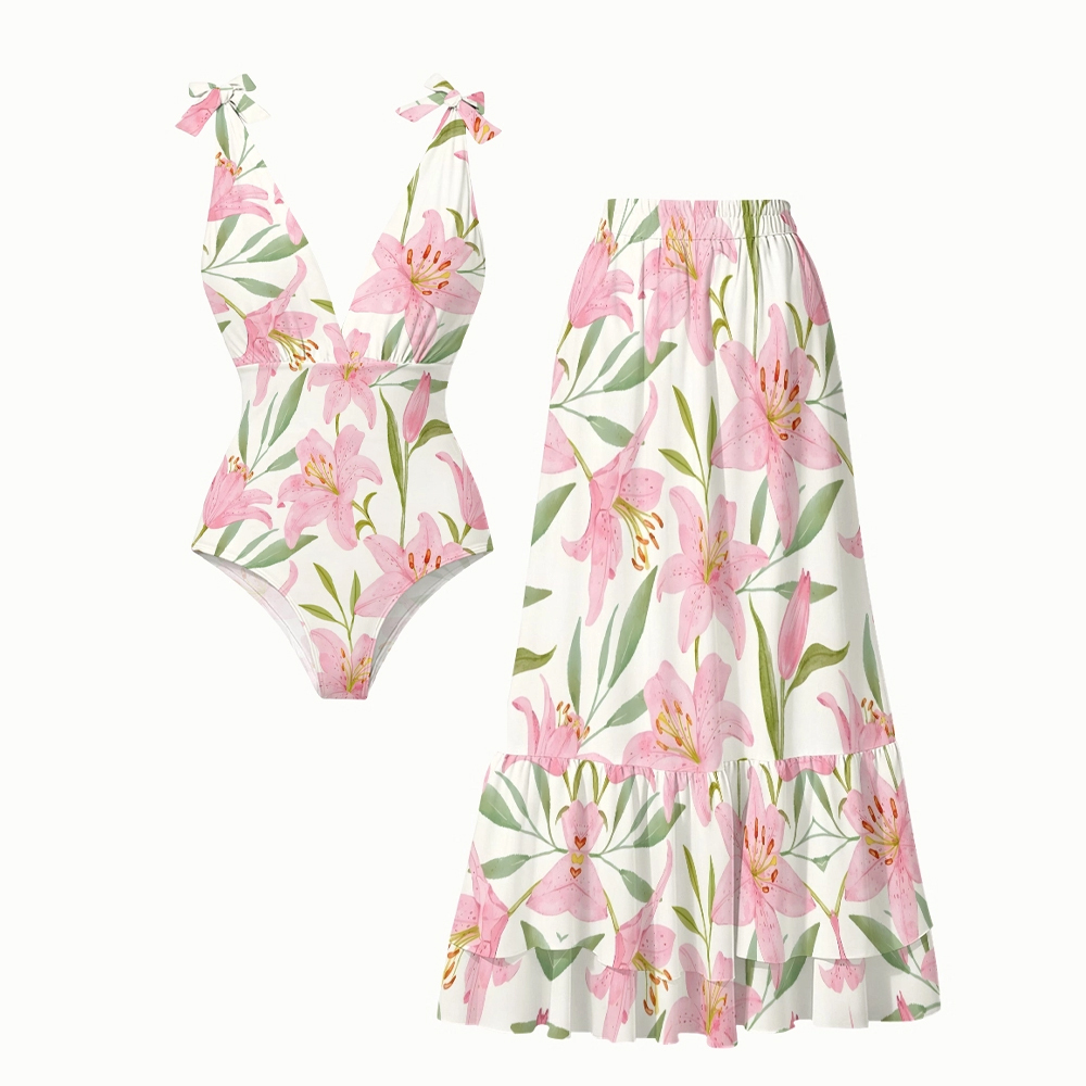 Pastel Lily One-Piece Swimsuit with Matching Tiered Maxi Skirt