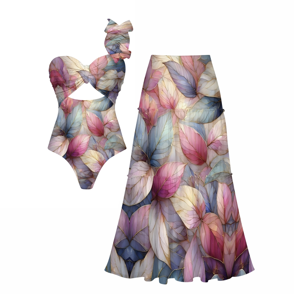 Multicolor Leaf Print One-Piece Set