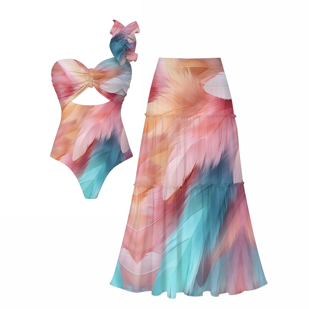 Feather Print One-Piece One-Shoulder Cut-Out Swimsuit with Tiered Maxi Skirt