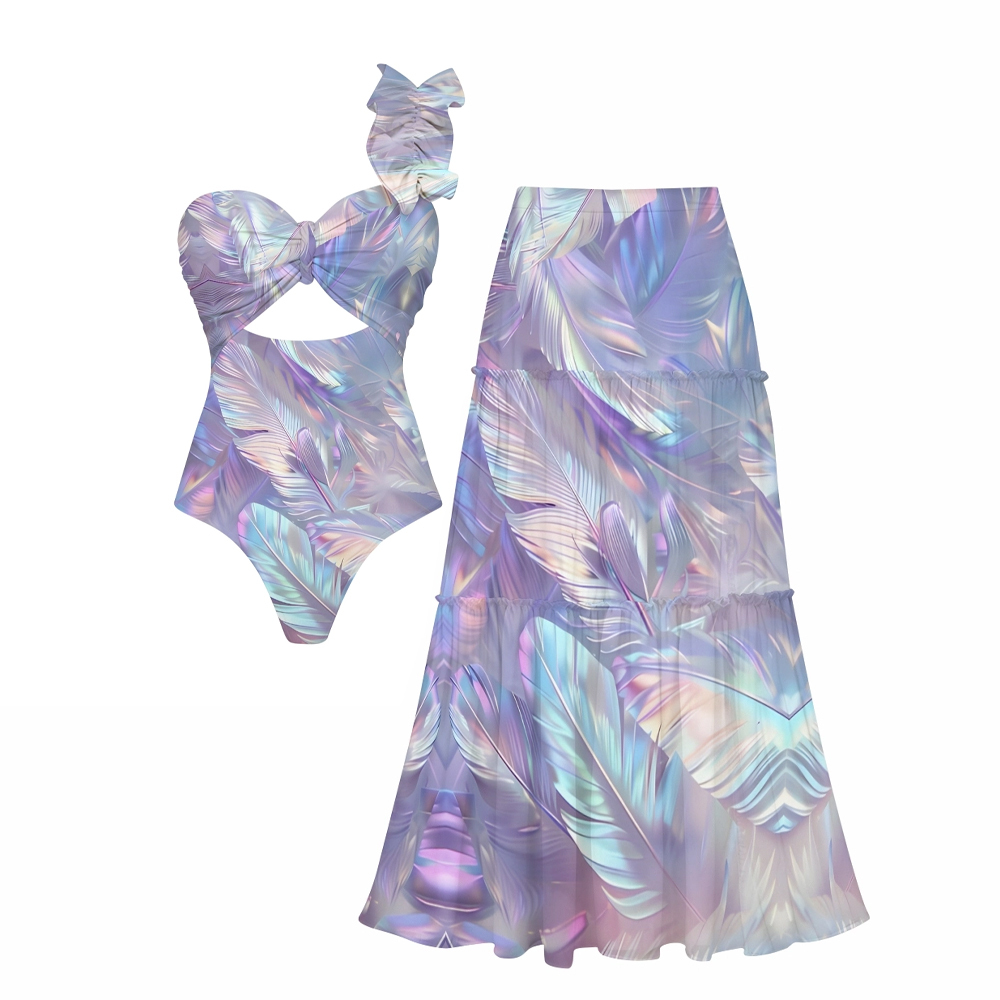 Dreamy Feather One-Shoulder One-Piece Swimsuit with Tiered Maxi Skirt