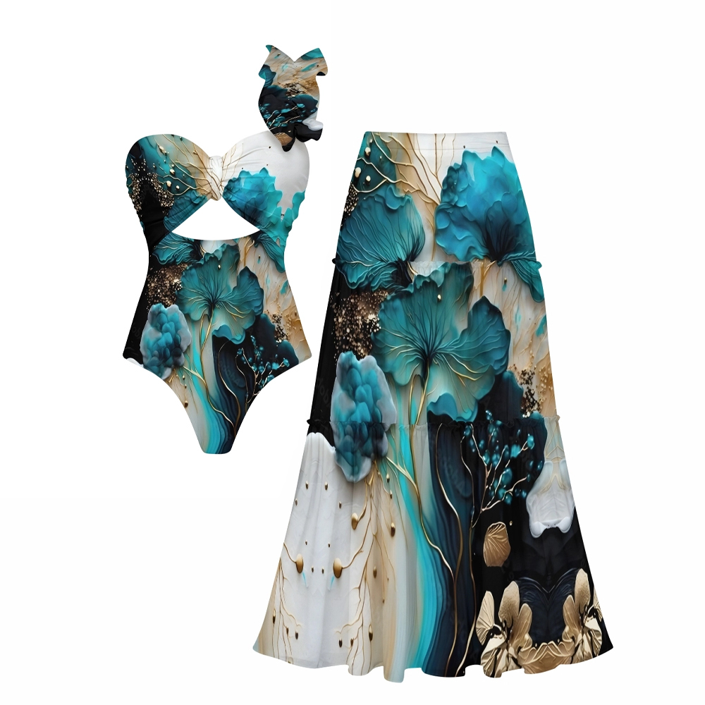 Artistic Floral One-Shoulder Cut-Out One-Piece Swimsuit with Tiered Maxi Skirt