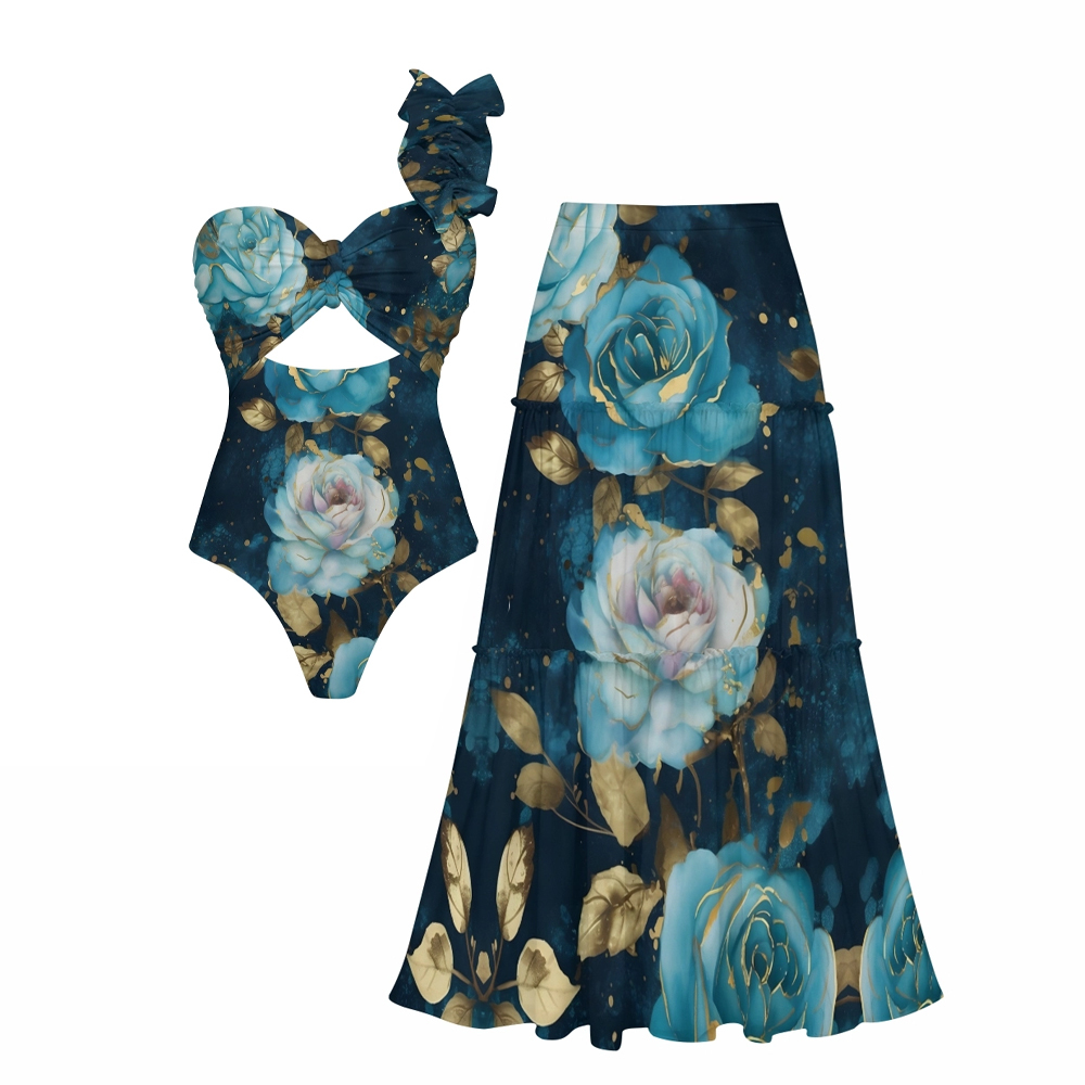 Asymmetrical Rose One-Shoulder Cut-Out One-Piece Swimsuit with Tiered Maxi Skirt