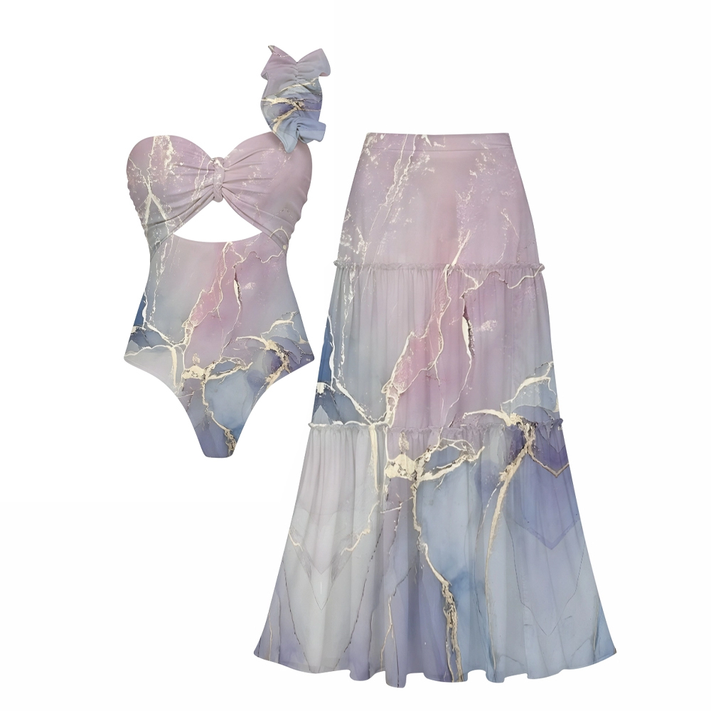 Artistic Marble Print One-Shoulder Cut-Out One-Piece Swimsuit with Tiered Maxi Skirt