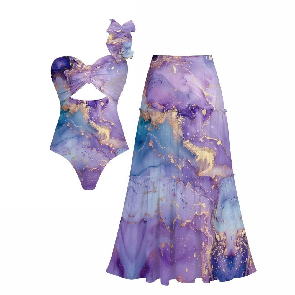 Fluid Art Print One-Shoulder Cut-Out One-Piece Swimsuit with Tiered Maxi Skirt