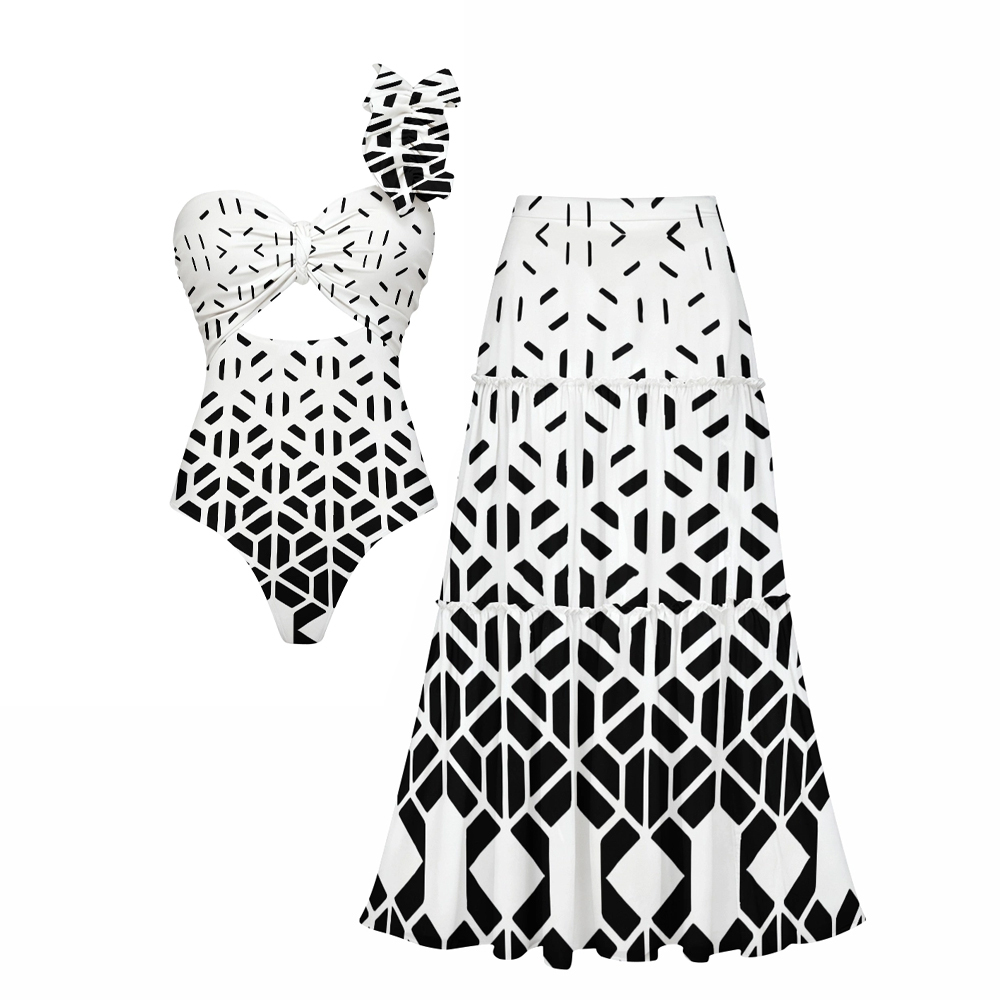 Geometric Hexagon Print One-Shoulder Cut-Out One-Piece Swimsuit with Tiered Maxi Skirt