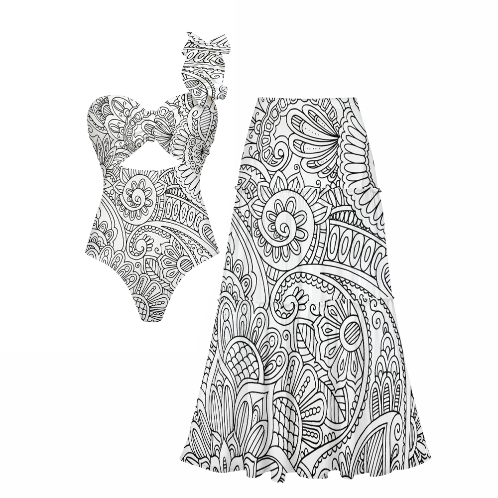 Boho Paisley Print One-Shoulder Cut-Out One-Piece Swimsuit with Tiered Maxi Skirt