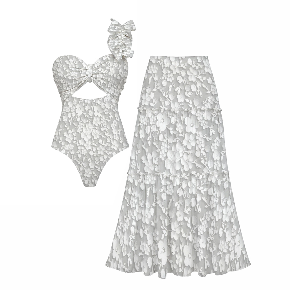 White Floral One-Shoulder Cut-Out One-Piece Swimsuit with Tiered Maxi Skirt