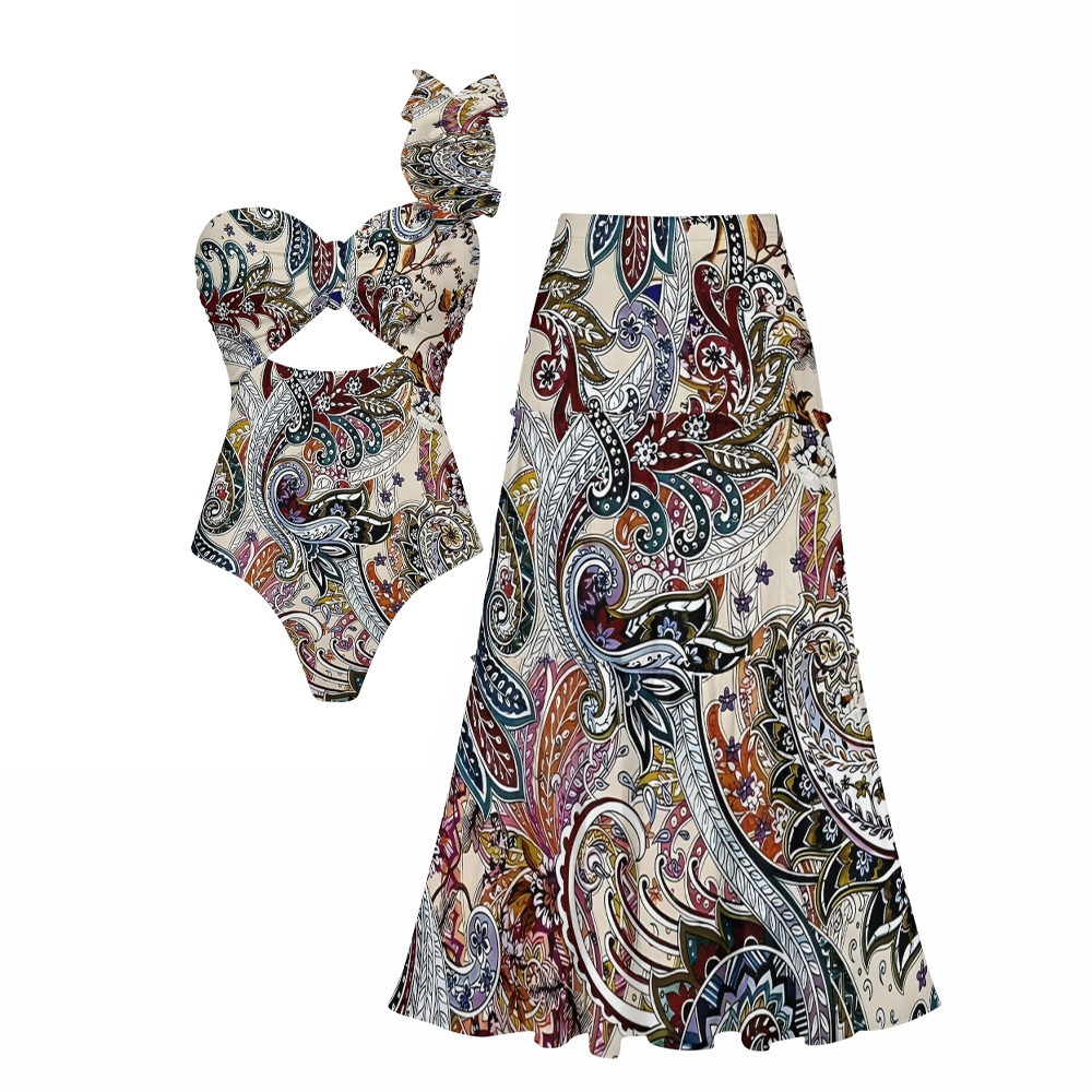 Boho Paisley Print One-Shoulder Cut-Out One-Piece Swimsuit with Tiered Maxi Skirt