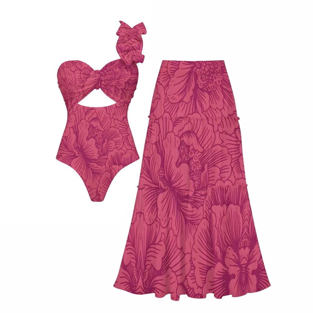Hibiscus Print One-Shoulder Cut-Out Swimsuit with Tiered Maxi Skirt