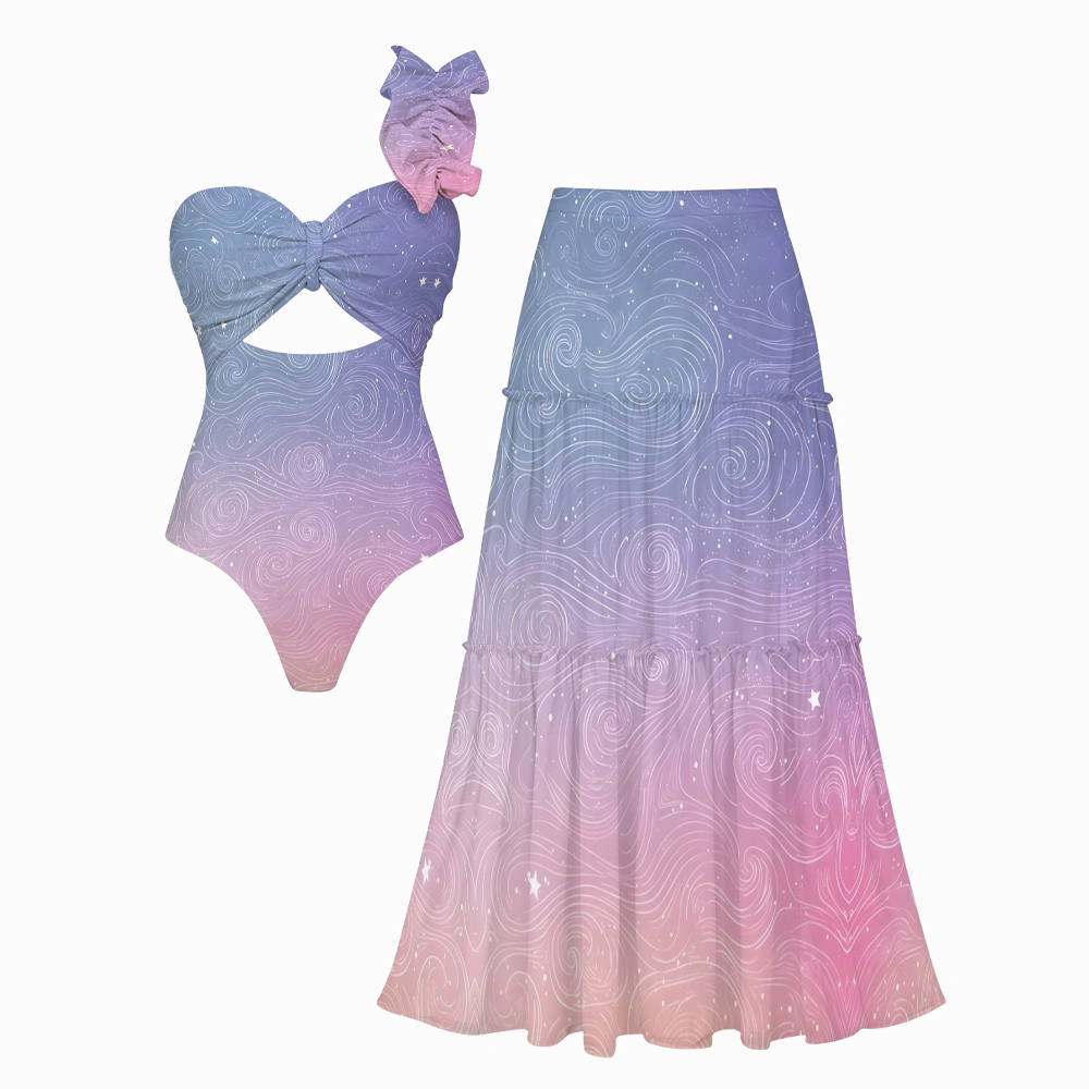 Gradient Celestial One Shoulder Cut Out One Piece Swimsuit with Tiered Maxi Skirt