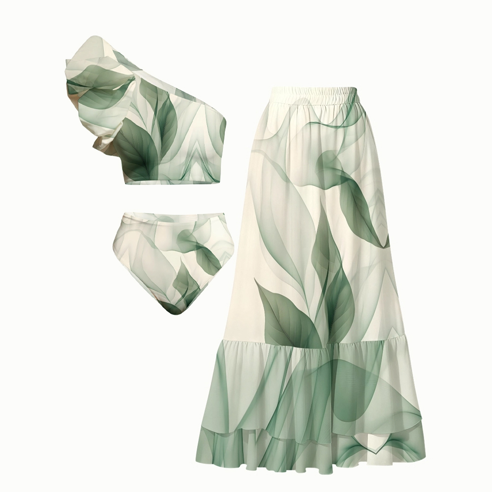 Leaf Print Ruffles Bikini Set