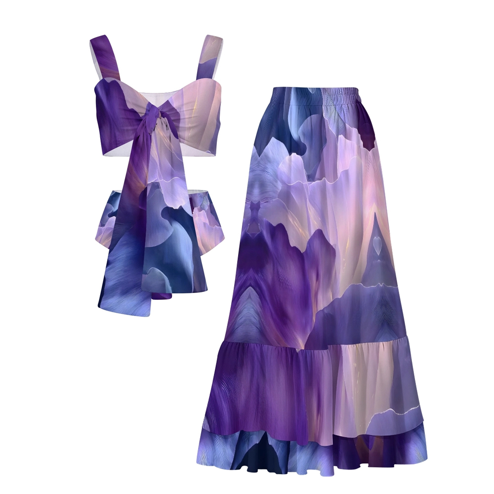 Abstract Brushstroke Print Bow Tie Crop Top Bikini with Matching Tiered Maxi Skirt