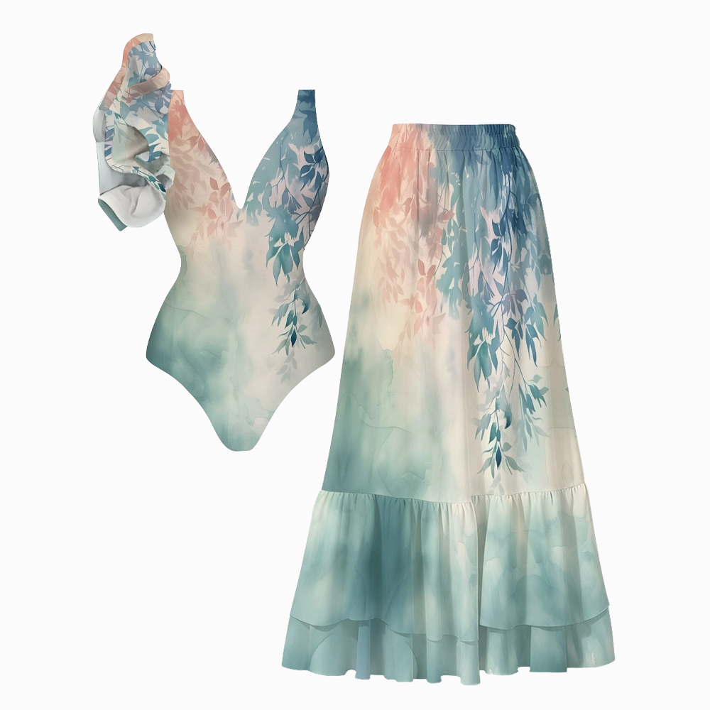 Pastel Leafy Gradient Ruffled One-Piece Swimsuit and Tiered Maxi Skirt