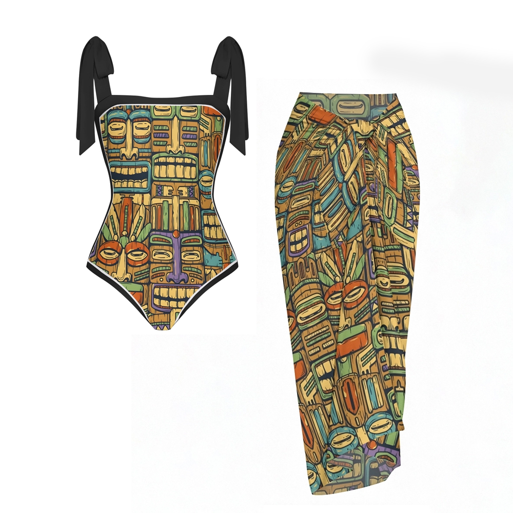 Boho Tribal Print One-Piece Swimsuit with Matching Sarong Skirt