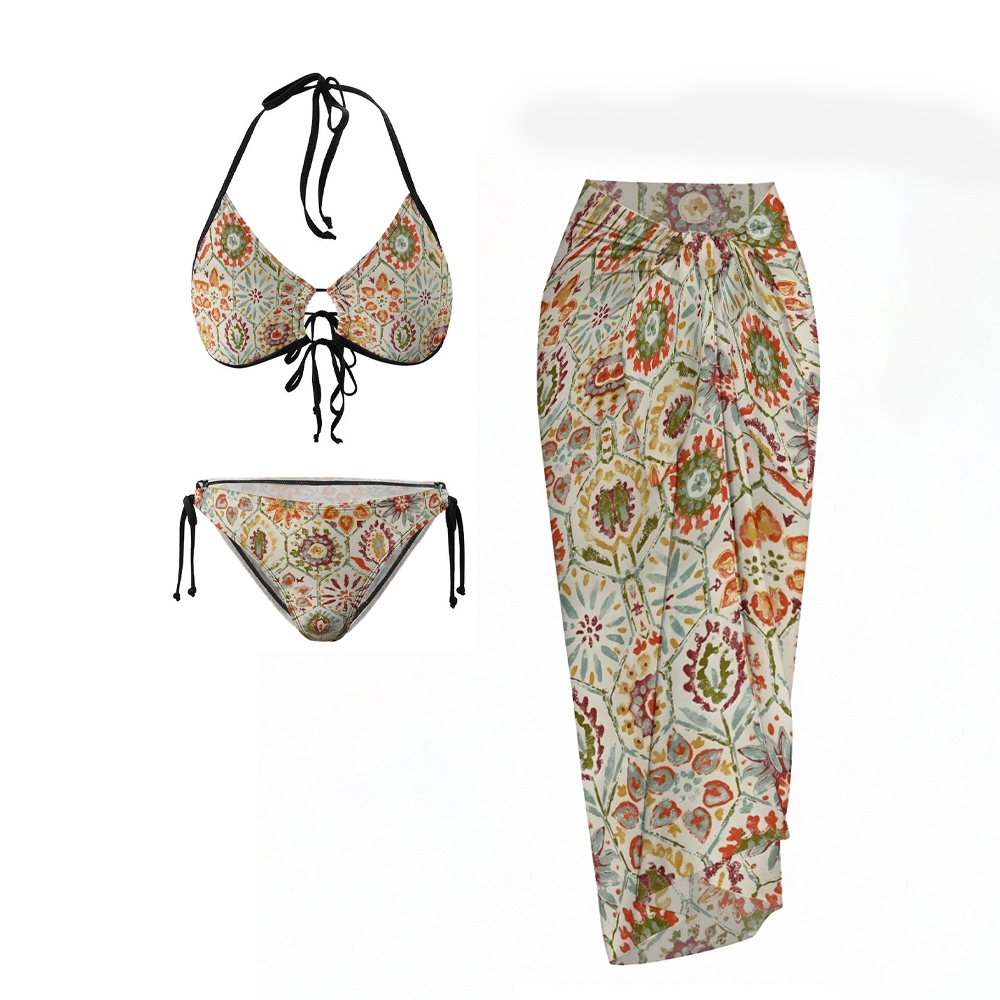 Retro Boho Halter Tie Bikini 3-Piece Set with Matching Sarong Skirt