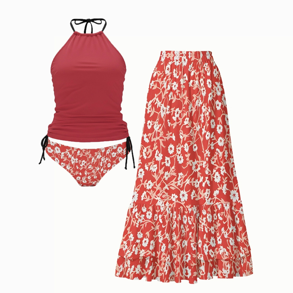 Three Piece Bikini Set with Solid Top Floral Bottom and Maxi Skirt