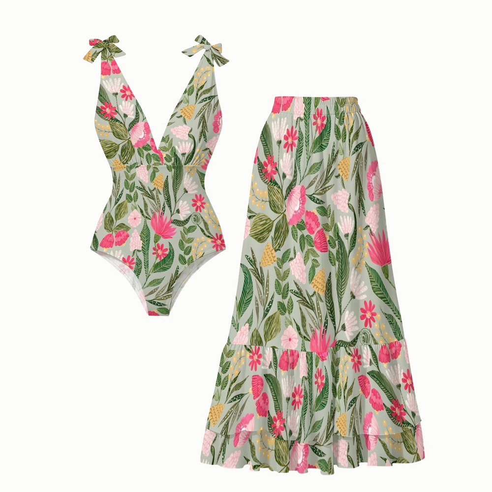 Tropical Botanical Bow Strap One Piece Swimsuit and Tiered Maxi Skirt Set