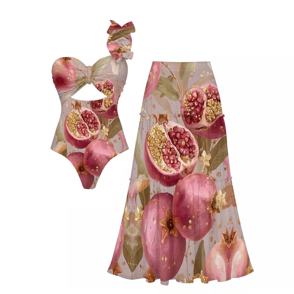 Pomegranate Print One Shoulder Cut-Out One-Piece Swimsuit and Tiered Skirt Set