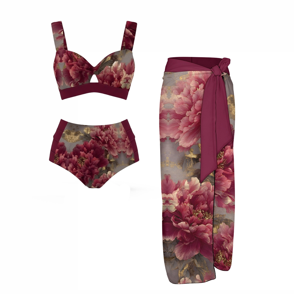 Vintage Peony Print Bikini Top High Waist Bottom and Wrap Skirt Three Piece Set