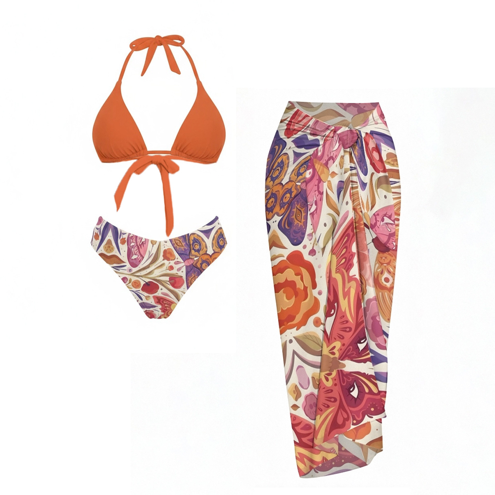 Burnt Orange Halter Bikini Top with Abstract Print Bottom and Wrap Skirt