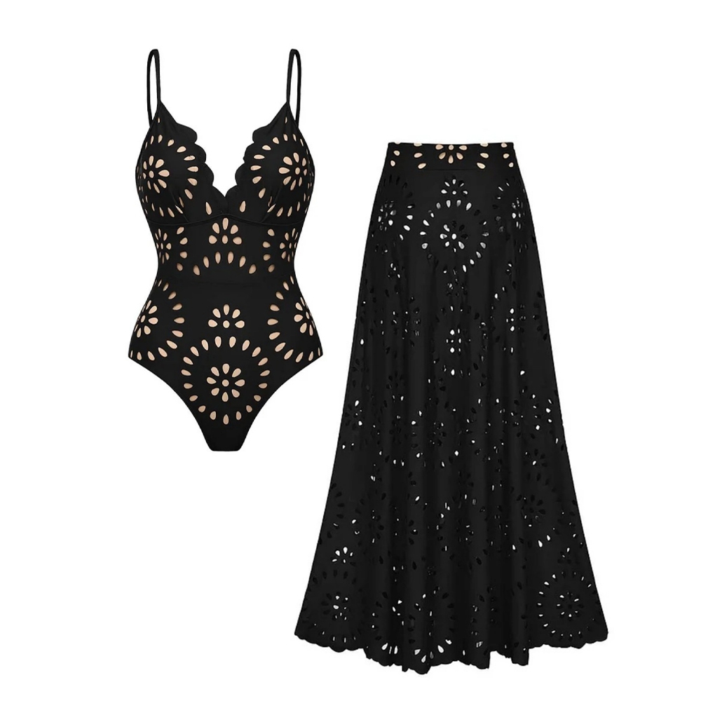 Multi-color Sexy Spaghetti Strap Lace-Up Cutout One-Piece Swimsuit with Matching Long Skirt Cover-Up