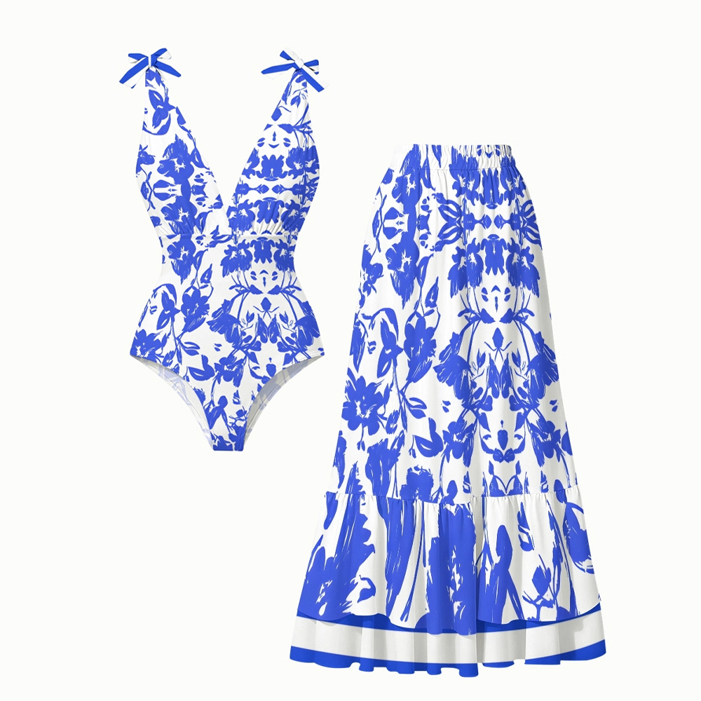 Women's Wild Blossom One-Piece Swimsuit and Matching Maxi Skirt