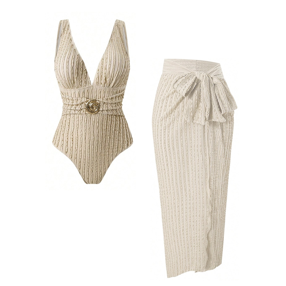 Vintage-Inspired Slimming One-Piece Bathing Suit with Matching Beach Cover-Up - Beige