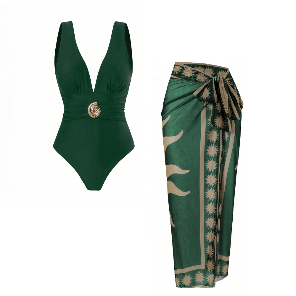 Vintage-Inspired Slimming One-Piece Bathing Suit with Matching Beach Cover-Up - Green