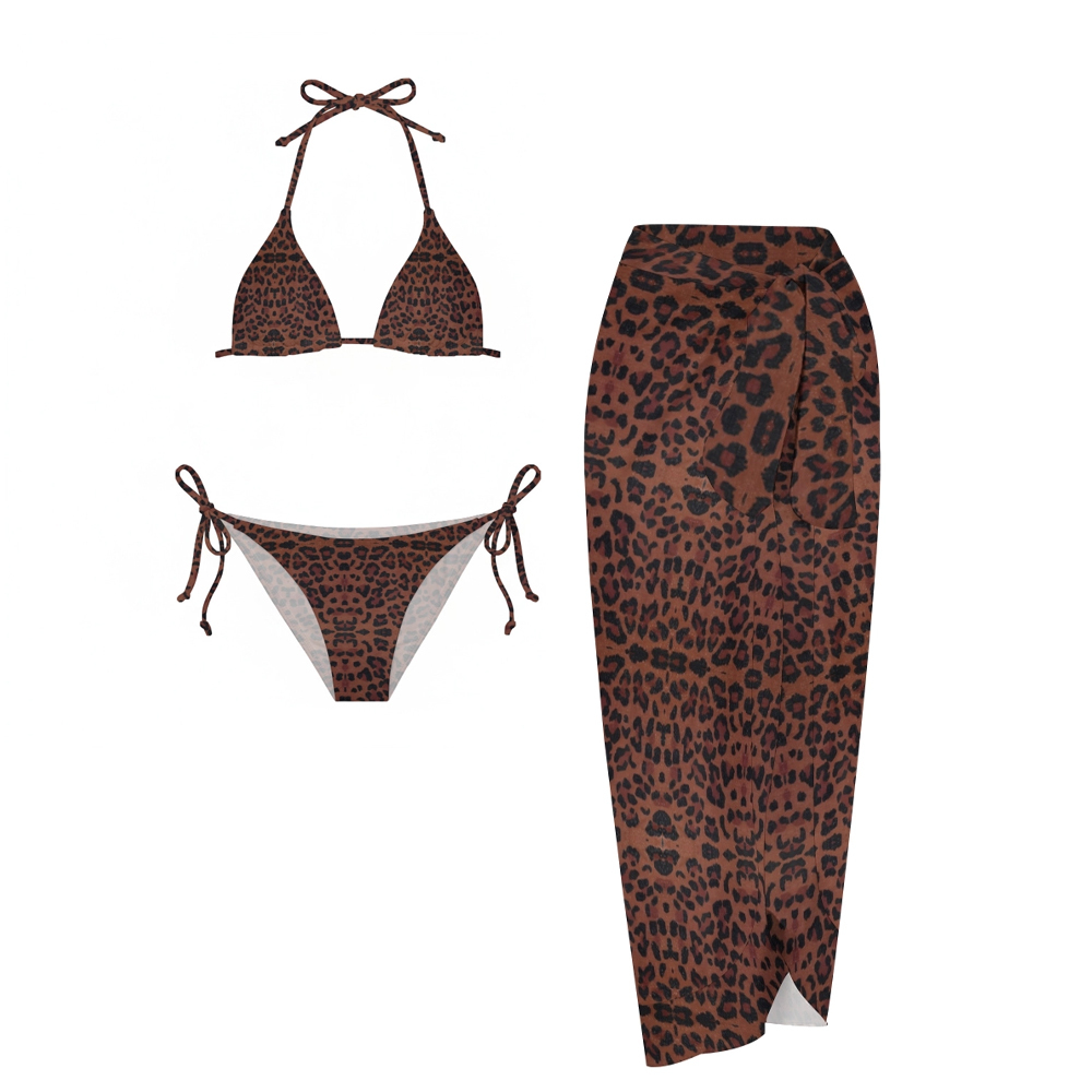 Sexy Backless Leopard Bikini Two-Piece Set with Wrap Skirt