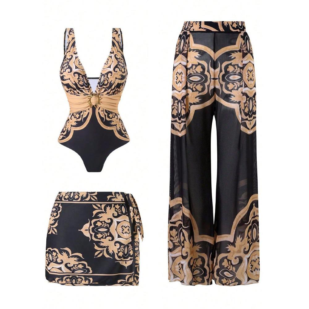 Artistic Blue Porcelain Print Swimsuit Ensemble - 3-Piece Vintage Romper with Tiered Skirt Cover-Up