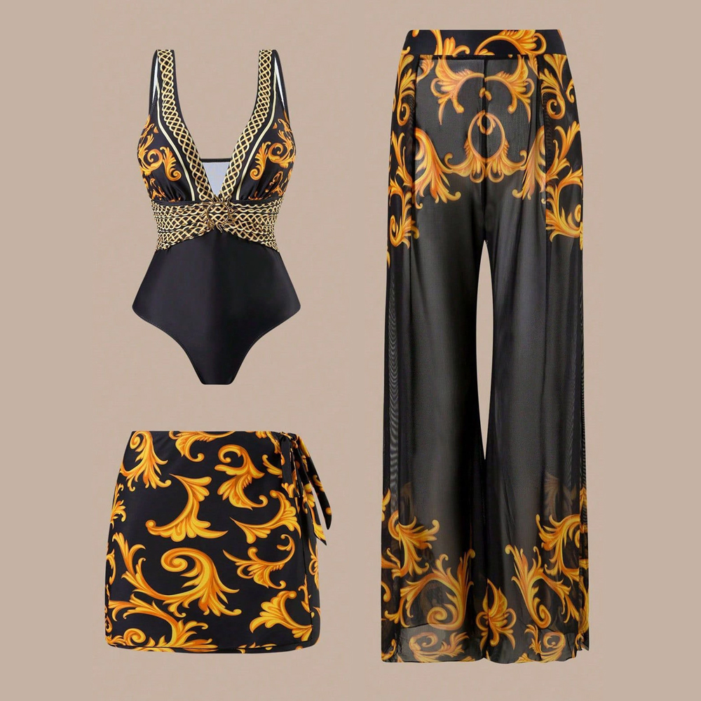 Artistic Blue Porcelain Print Swimsuit Ensemble - 3-Piece Vintage Romper with Tiered Skirt Cover-Up