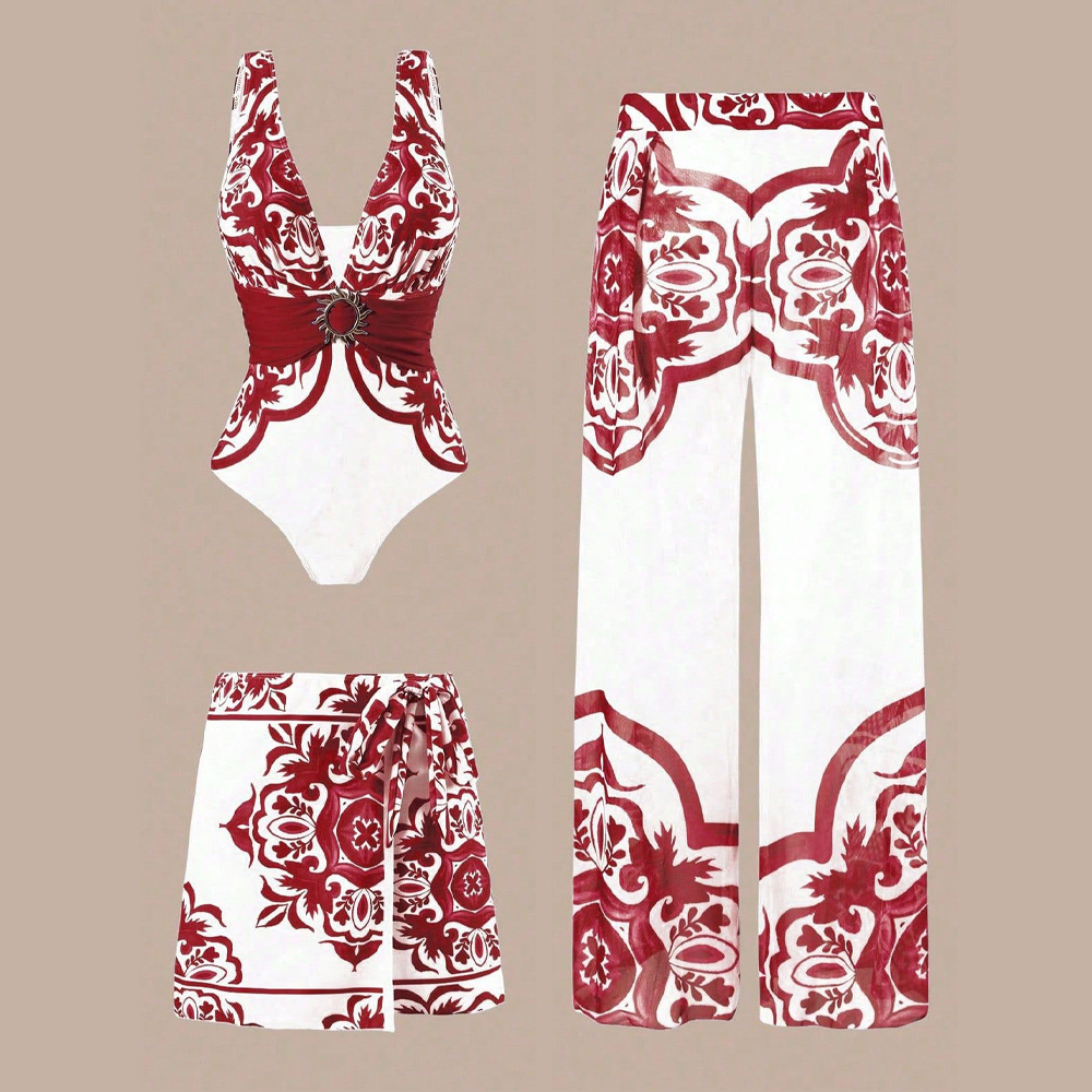 Artistic Blue Porcelain Print Swimsuit Ensemble - 3-Piece Vintage Romper with Tiered Skirt Cover-Up