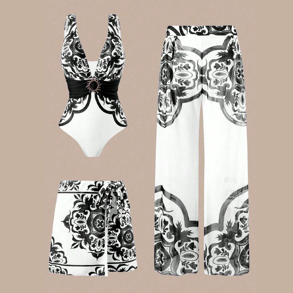 Artistic Blue Porcelain Print Swimsuit Ensemble - 3-Piece Vintage Romper with Tiered Skirt Cover-Up