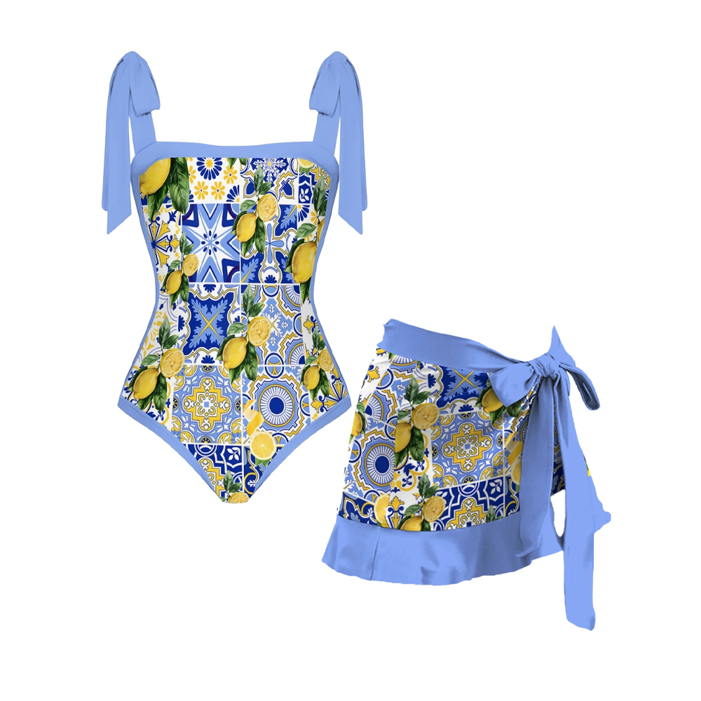 Sicilian lemons Tie-shoulder One Piece Swimsuit and Sarong or Skirt