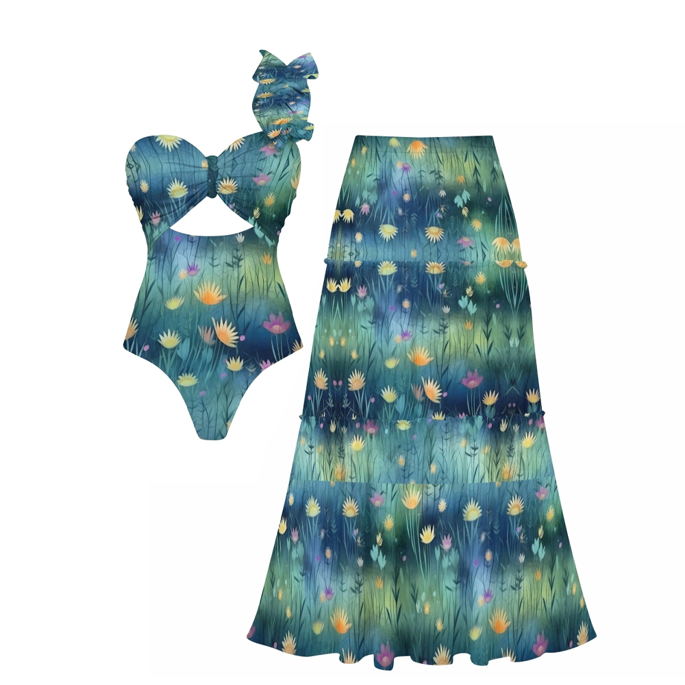 Women's Twilight Meadows Pattern One-Piece Swimsuit and Matching Maxi Skirt