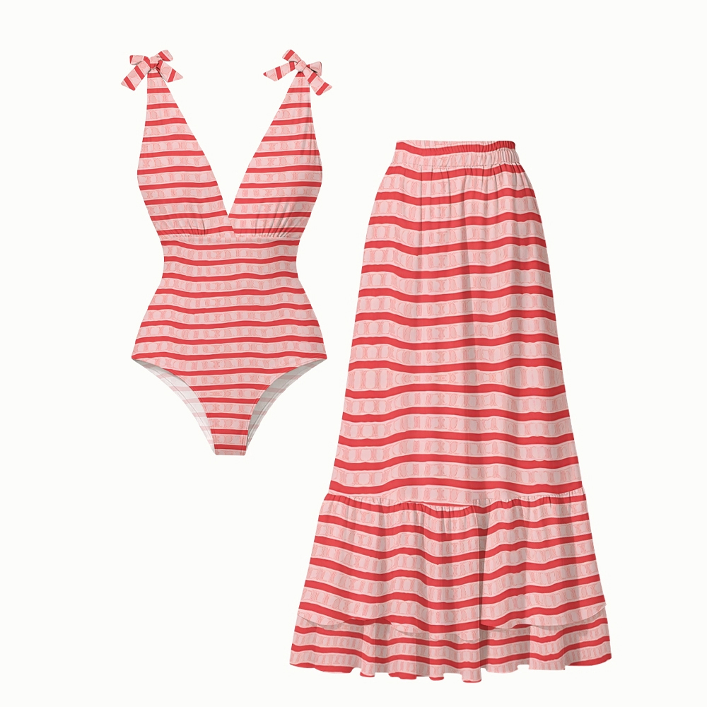 Red Striped Printed One-Piece Set