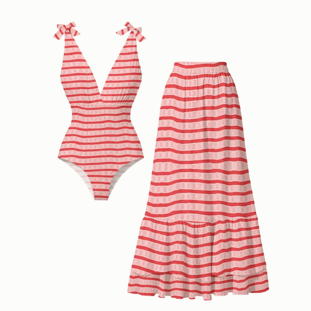 Red Striped Printed One-Piece Set