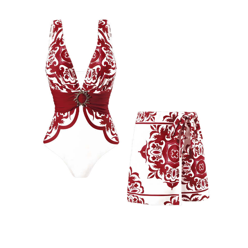 Women's Vintage Print Deep V One-Piece Swimsuit and Matching Skirt