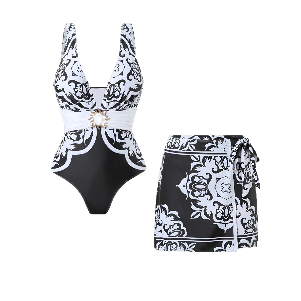 Women's Vintage Print Deep V One-Piece Swimsuit and Matching Skirt
