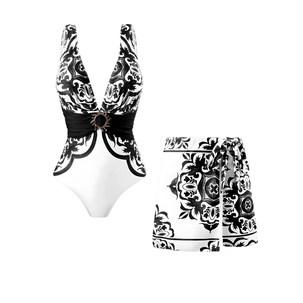 Women's Vintage Print Deep V One-Piece Swimsuit and Matching Skirt